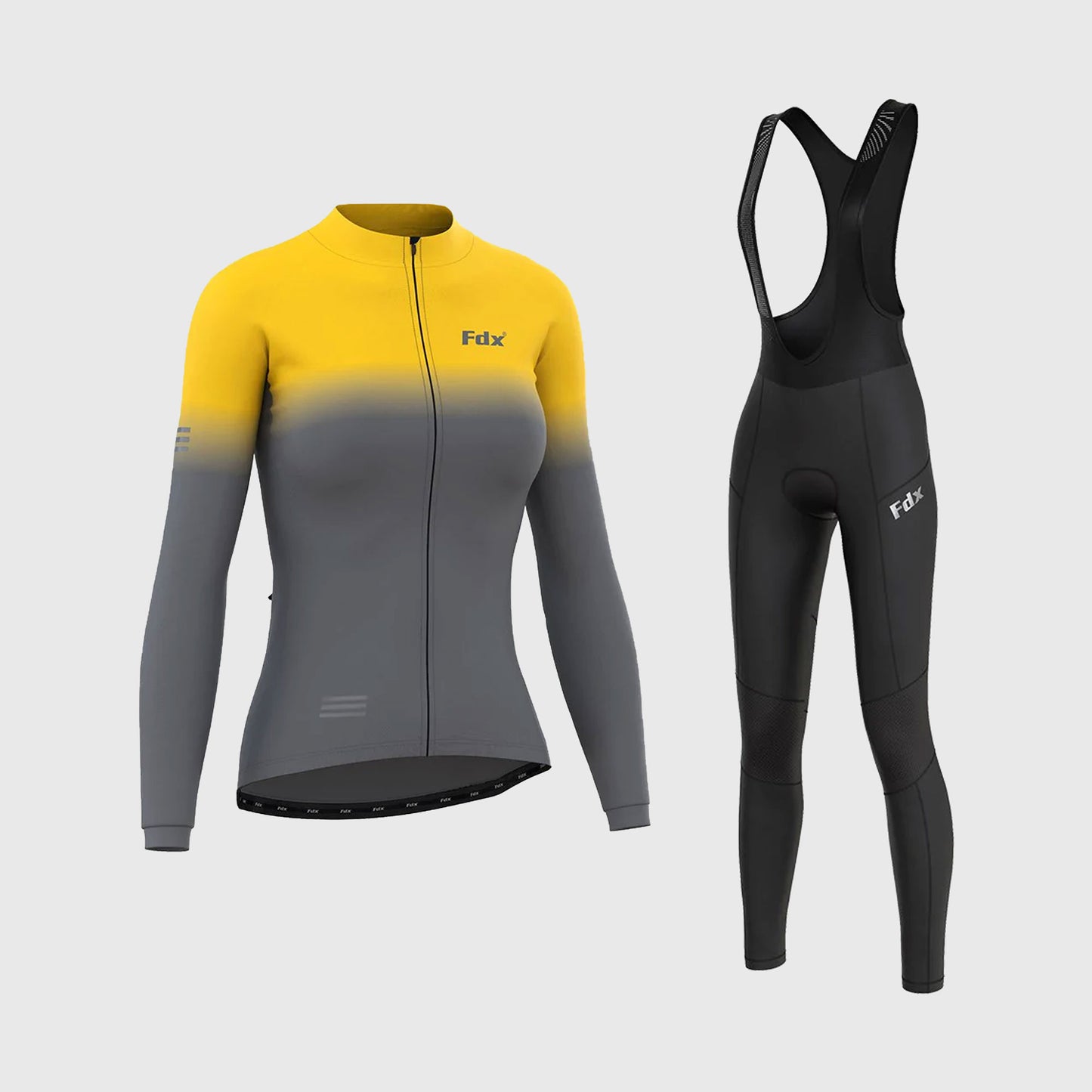 Fdx Women's Set Duo Thermal Long Sleeve Cycling Jersey & Bib Tights - Yellow / Grey