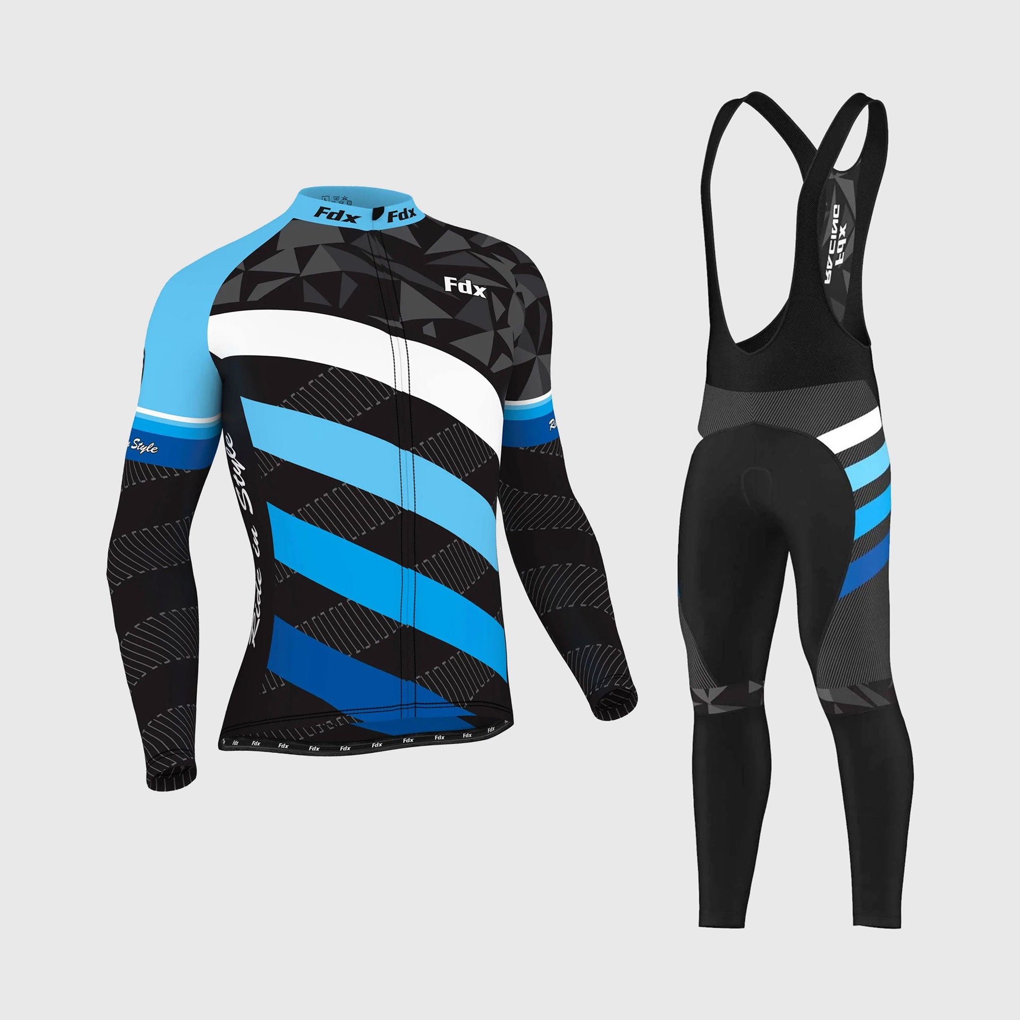 Fdx Men's Set Equin Thermal Roubaix Long Sleeve Cycling Jersey & Bib Tights - Blue