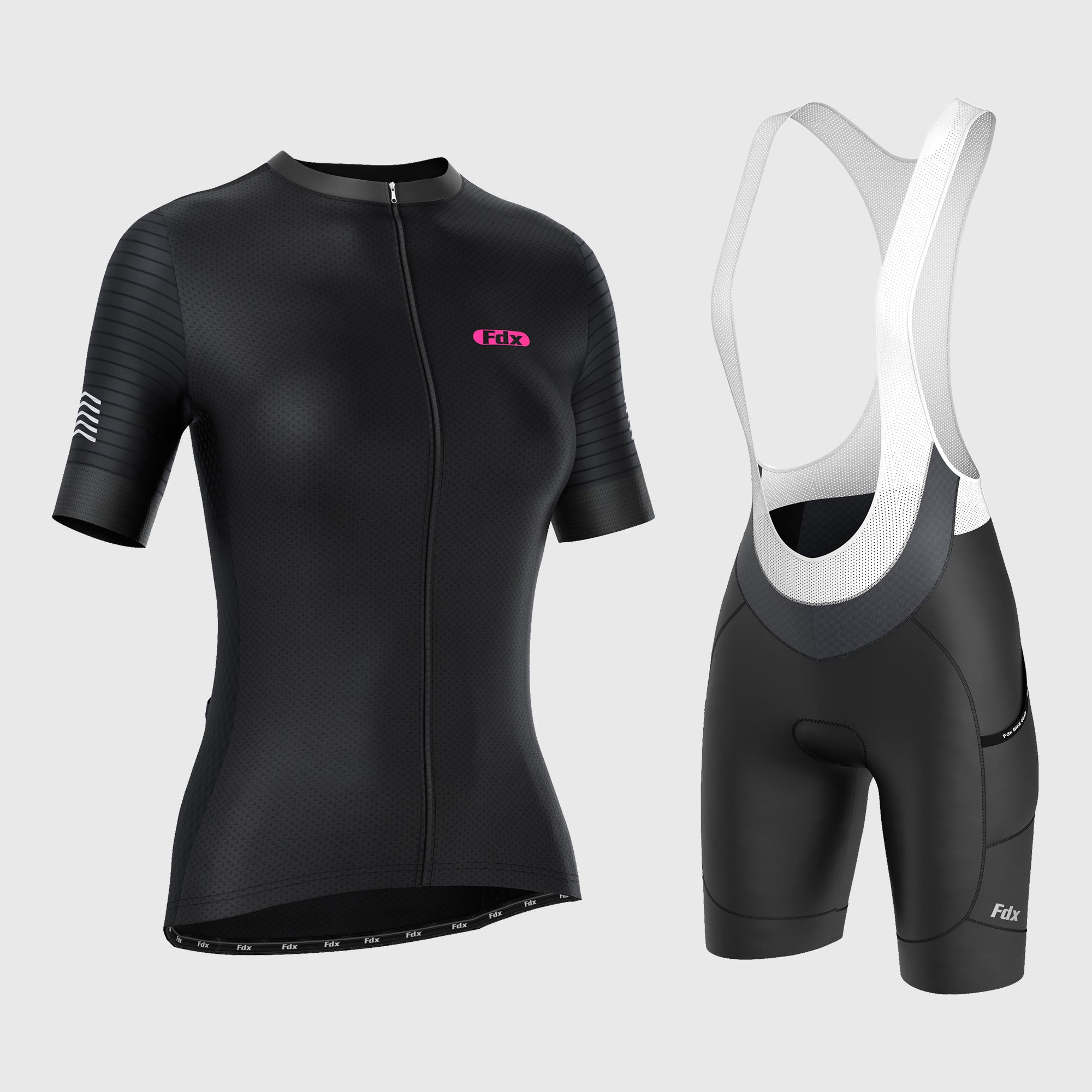 Fdx Women's Set Essential Black Short Sleeve Cycling Jersey & Cargo Bib Shorts