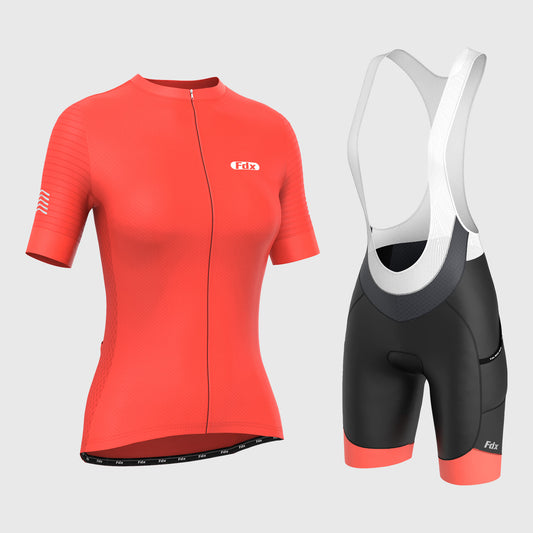 Fdx Women's Set Essential Orange Short Sleeve Cycling Jersey & Cargo Bib Shorts