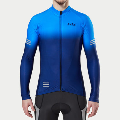 Fdx Men Blue & Navy Blue Long Sleeve Cycling Jersey Full Length Lock Zipper Body Tight Lightweight water Resistance Reflecting Strips & Pockets - Duo US