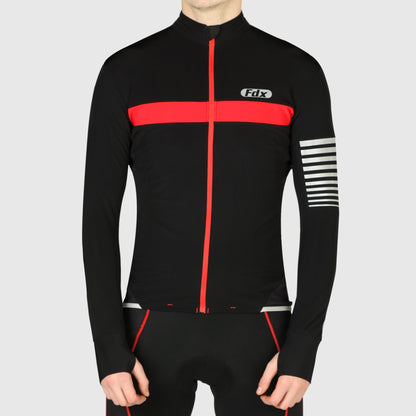 Fdx Men Red Long Sleeve Cycling Jersey Full Length Lock Zipper Guard Body Tight Thumb Loop Lightweight water Resistance Reflecting Strips & Pockets - All Day US