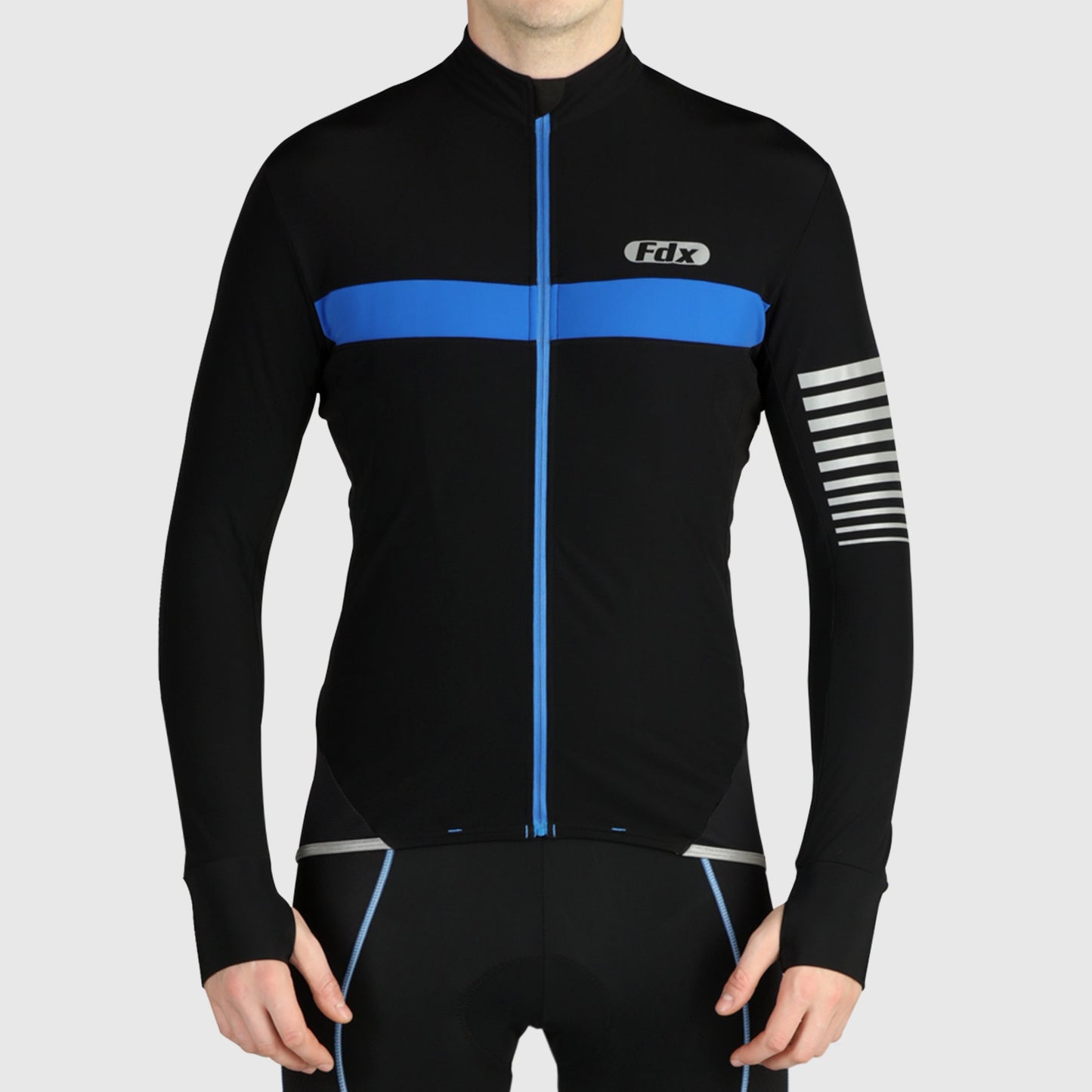 Fdx Men Blue Long Sleeve Cycling Jersey Full Length Lock Zipper Guard Body Tight Thumb Loop Lightweight water Resistance Reflecting Strips & Pockets - All Day US