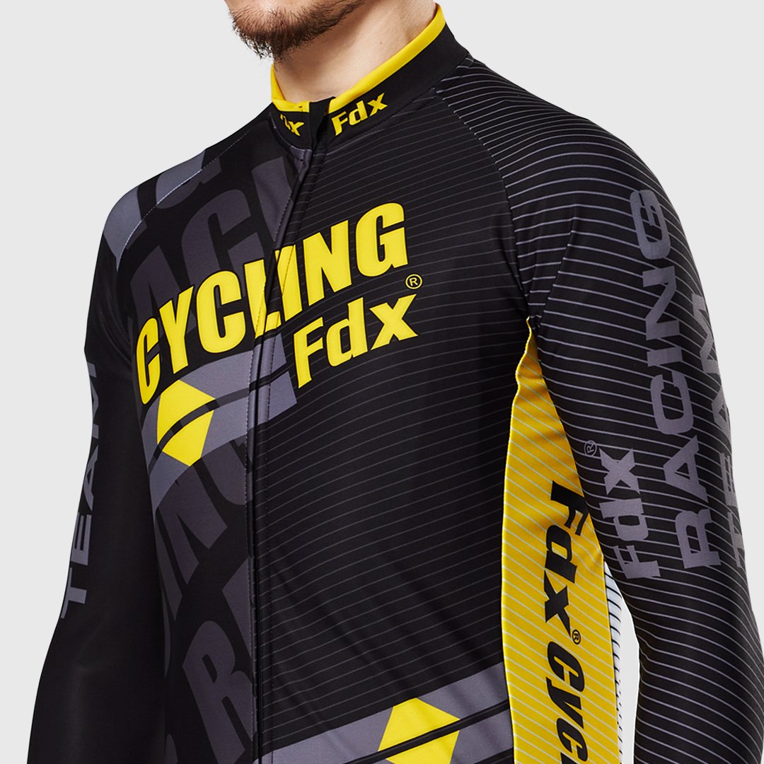 Fdx Yellow Men Full Sleeve Winter Cycling Jersey Quick Dry Moist-Wicking Windproof  Hi-Viz Reflecting Strips Zip Guard & Pockets - Core US