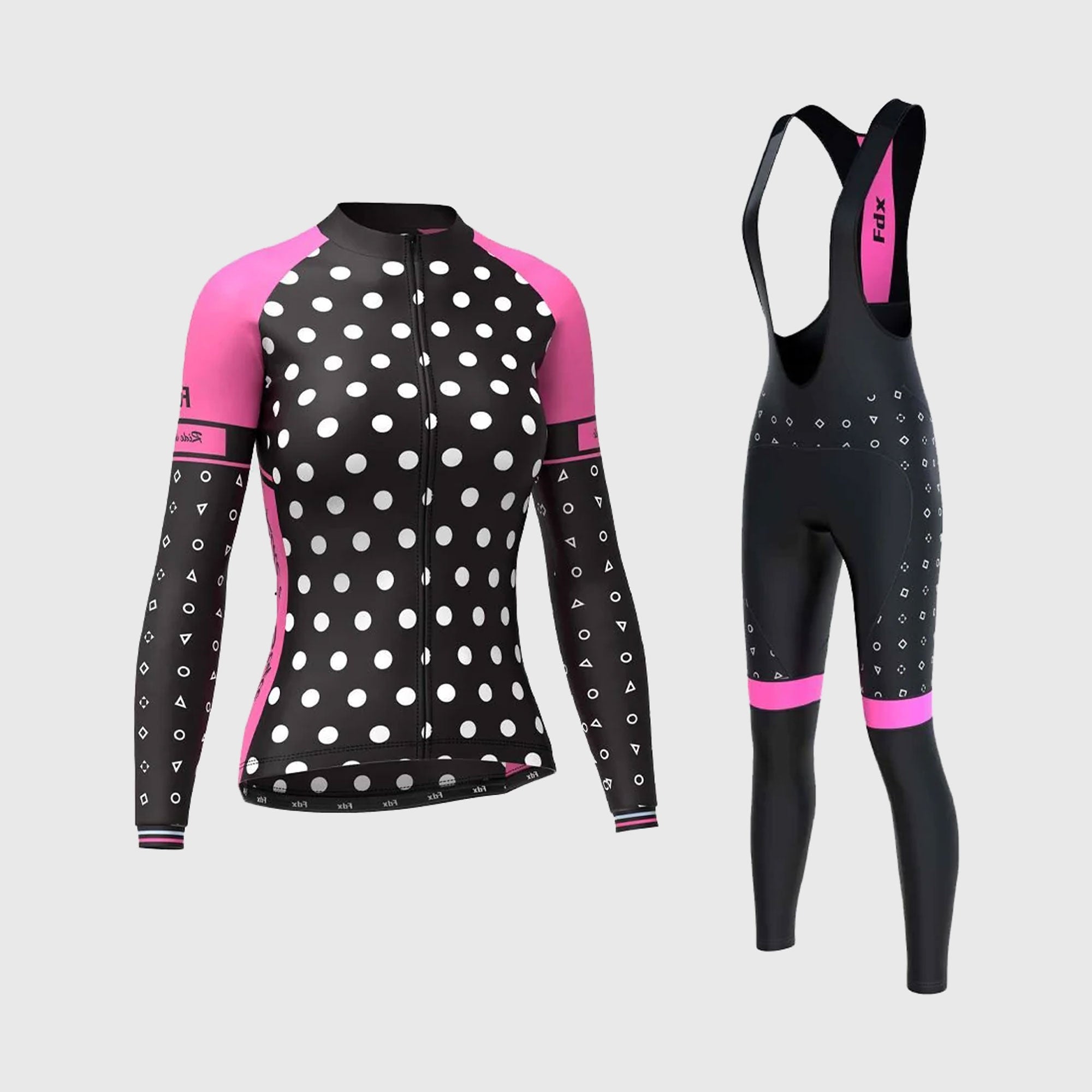 Fdx Women's Set Polka Dots Thermal Long Sleeve Cycling Jersey & Bib Tights - Pink