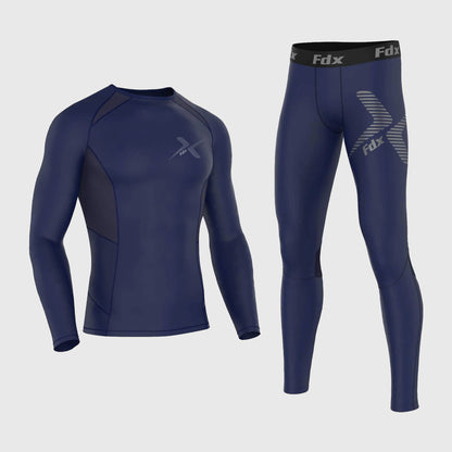 Fdx Men's Set Recoil Navy Blue Compression Base Layer Top & Leggings