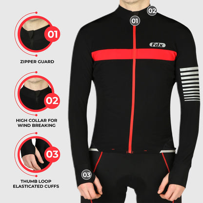 Fdx Thermal Long Sleeve Black Winter Men Cycling Jersey Zipper Guard Thumb Loop Wind Breaking Collar Lightweight Hi-viz Reflecting Strips Arms & front Pockets - All Day US