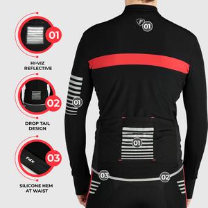 Fdx Thermal Long Sleeve Black Winter Men Cycling Jersey Drop Tail Silicone Waste Lightweight Hi-viz Reflecting Strips Arms & front Pockets - All Day US