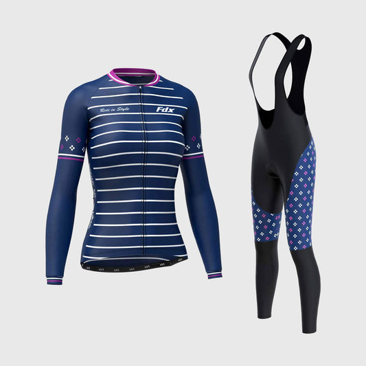 Fdx Women's Set Ripple Thermal Long Sleeve Cycling Jersey & Bib Tights - Navy Blue