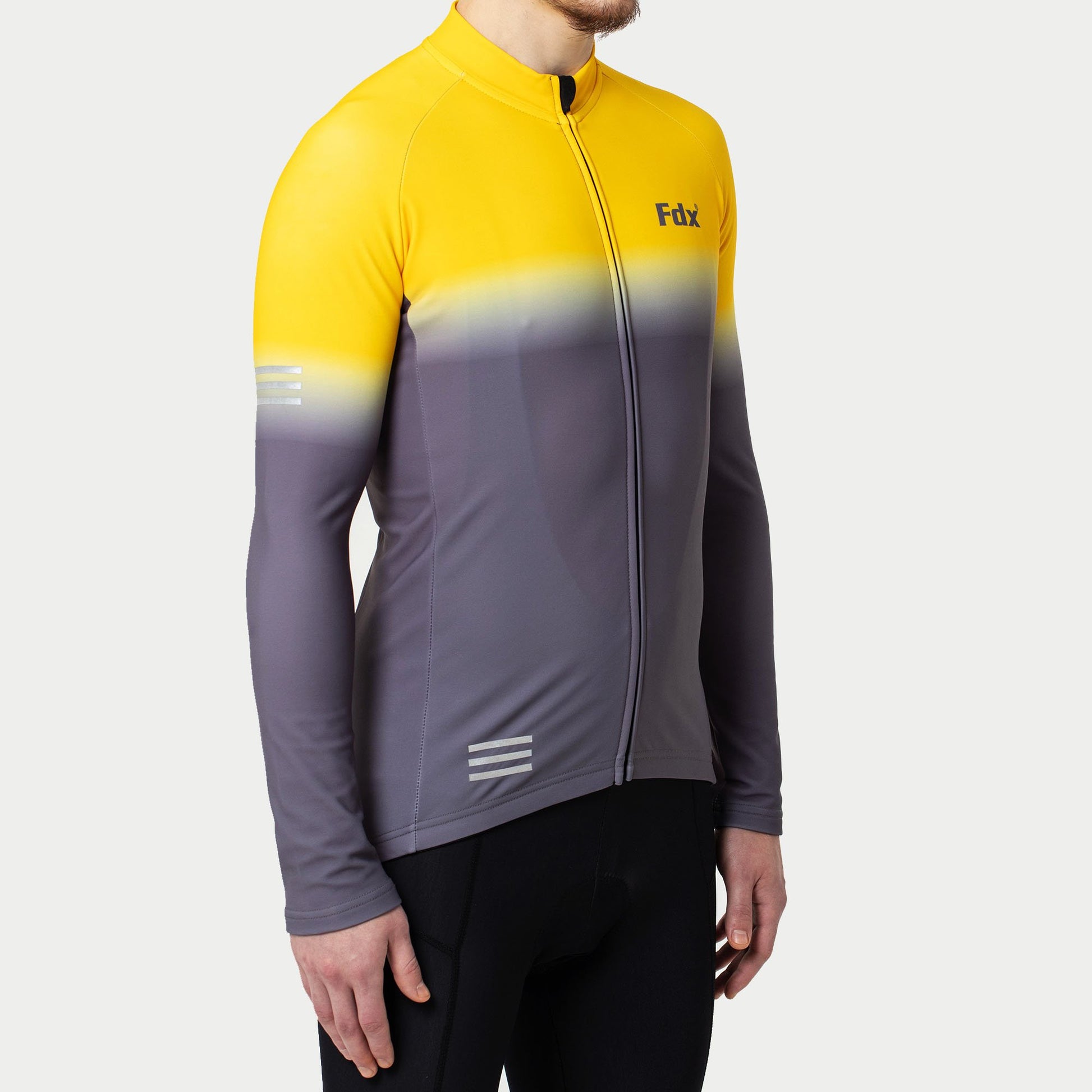 Fdx Thermal Long Sleeve Yellow & Grey Winter Men Cycling Jersey Full Zip Lightweight Windproof Hi-viz Reflecting Strips Arms & front Pockets - Duo US