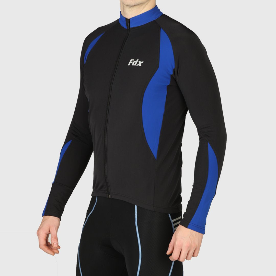 Fdx Men Full Sleeve Blue Cycling Thermal Jersey Quick Dry Lightweight Full Length Moist-Vicking Full Zip Water Resistance Reflecting Strips & Pockets - Viper US