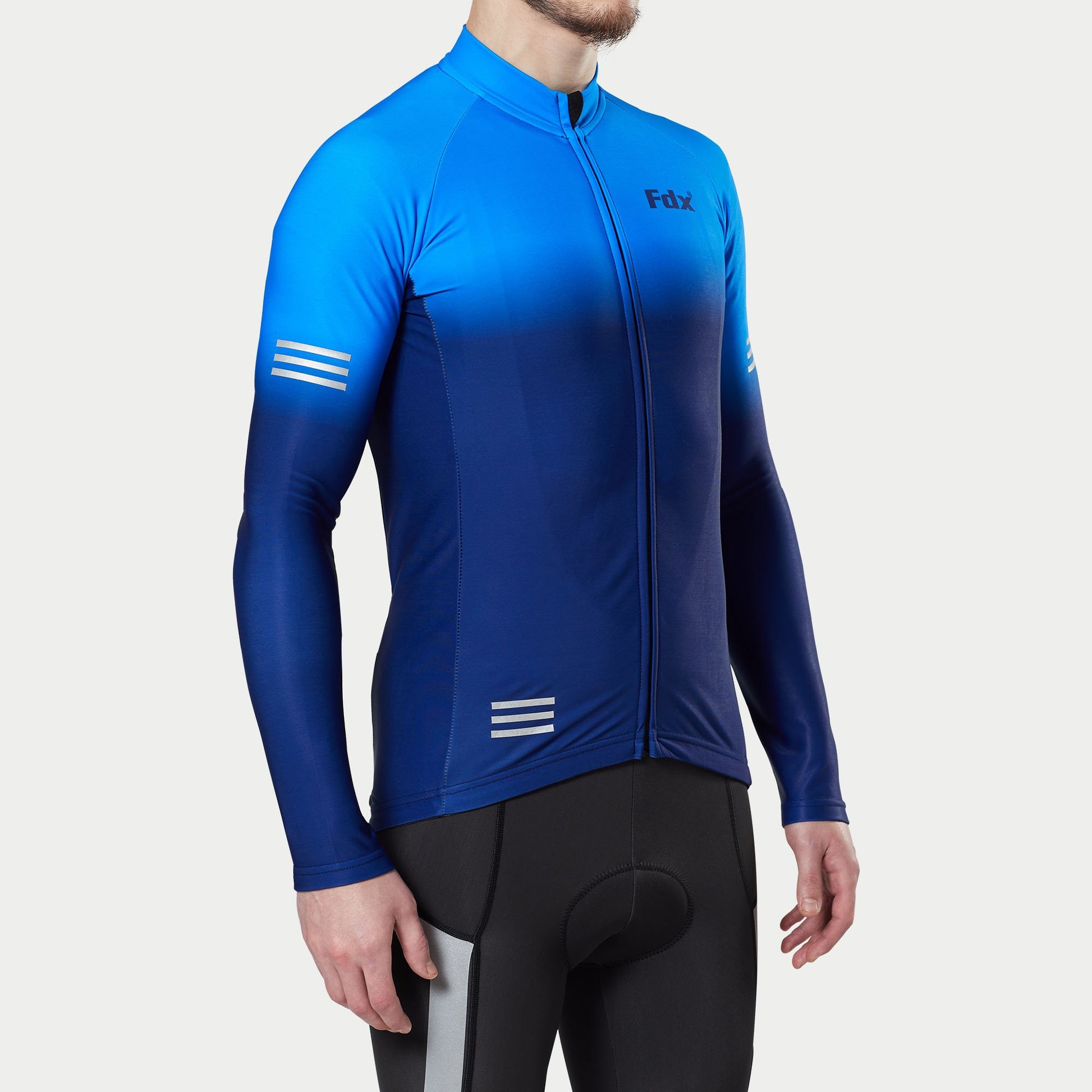 Fdx Thermal Long Sleeve Winter Men Cycling Jersey Blue Full Zip Lightweight Windproof Hi-viz Reflecting Strips Arms & front Pockets - Duo US