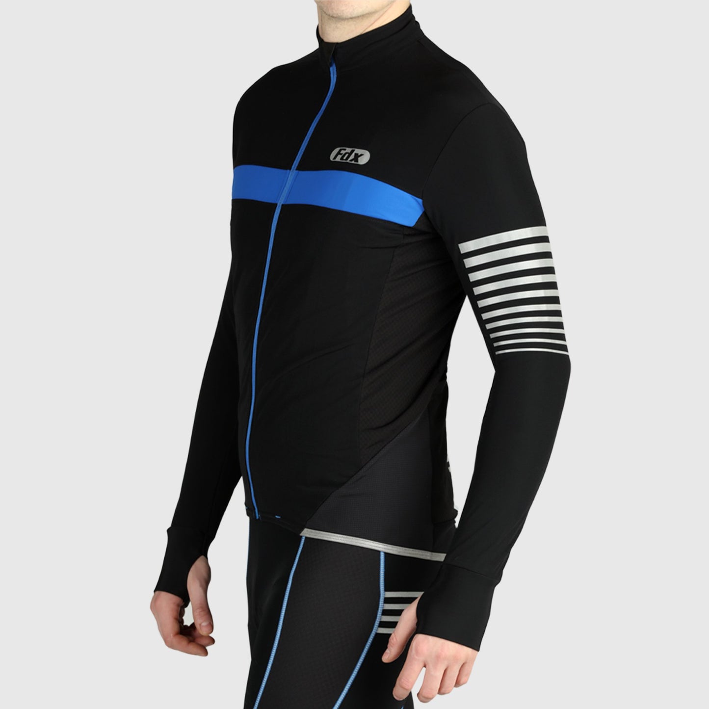 Fdx Men Blue Long Sleeve Cycling Jersey Full Length Lock Zipper Guard Body Tight Thumb Loop Lightweight water Resistance Reflecting Strips & Pockets - All Day US