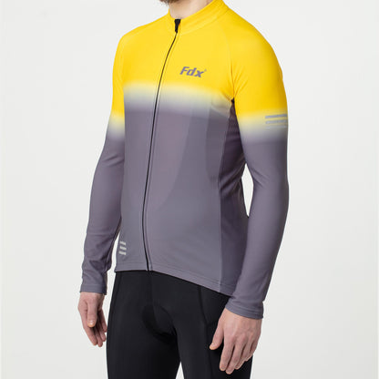 Fdx Thermal Long Sleeve Yellow & Grey Winter Men Cycling Jersey Full Zip Lightweight Windproof Hi-viz Reflecting Strips Arms & front Pockets - Duo US