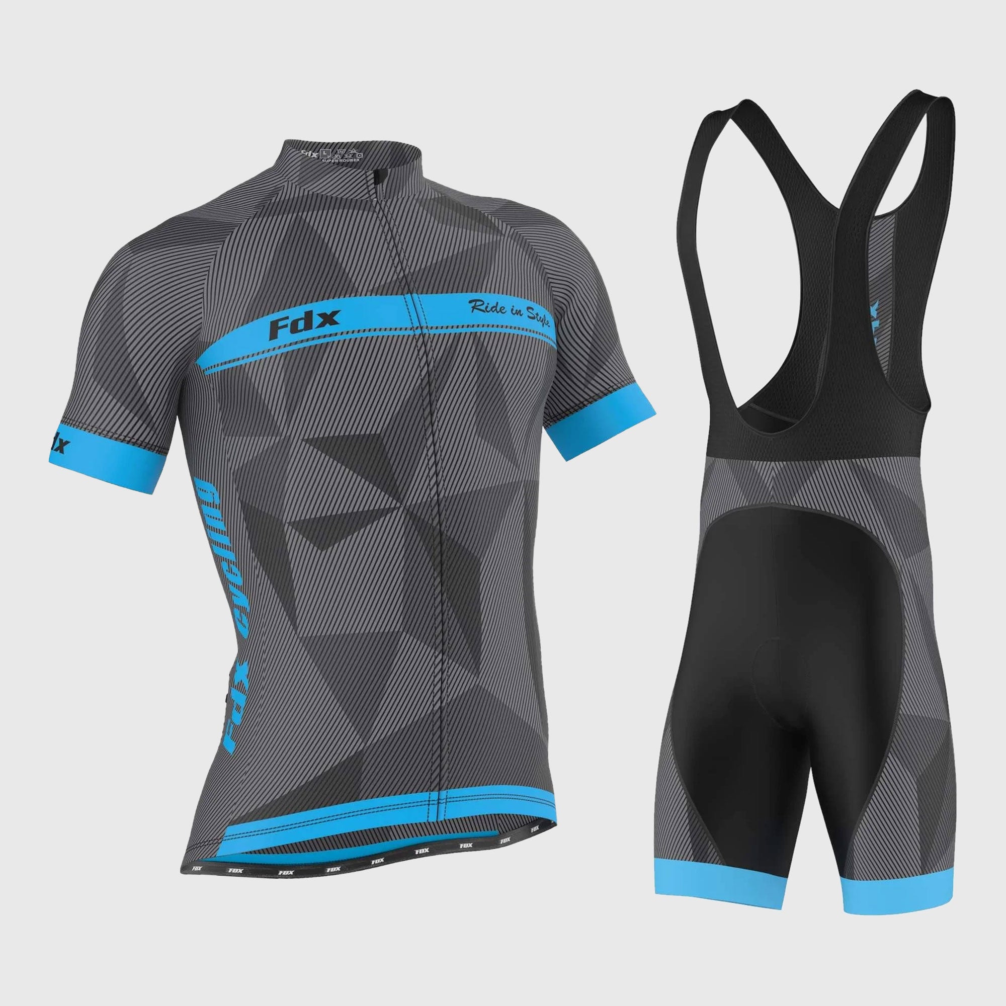 Fdx Men's Set Splinter Blue Short Sleeve Summer Cycling Jersey & Bib Shorts