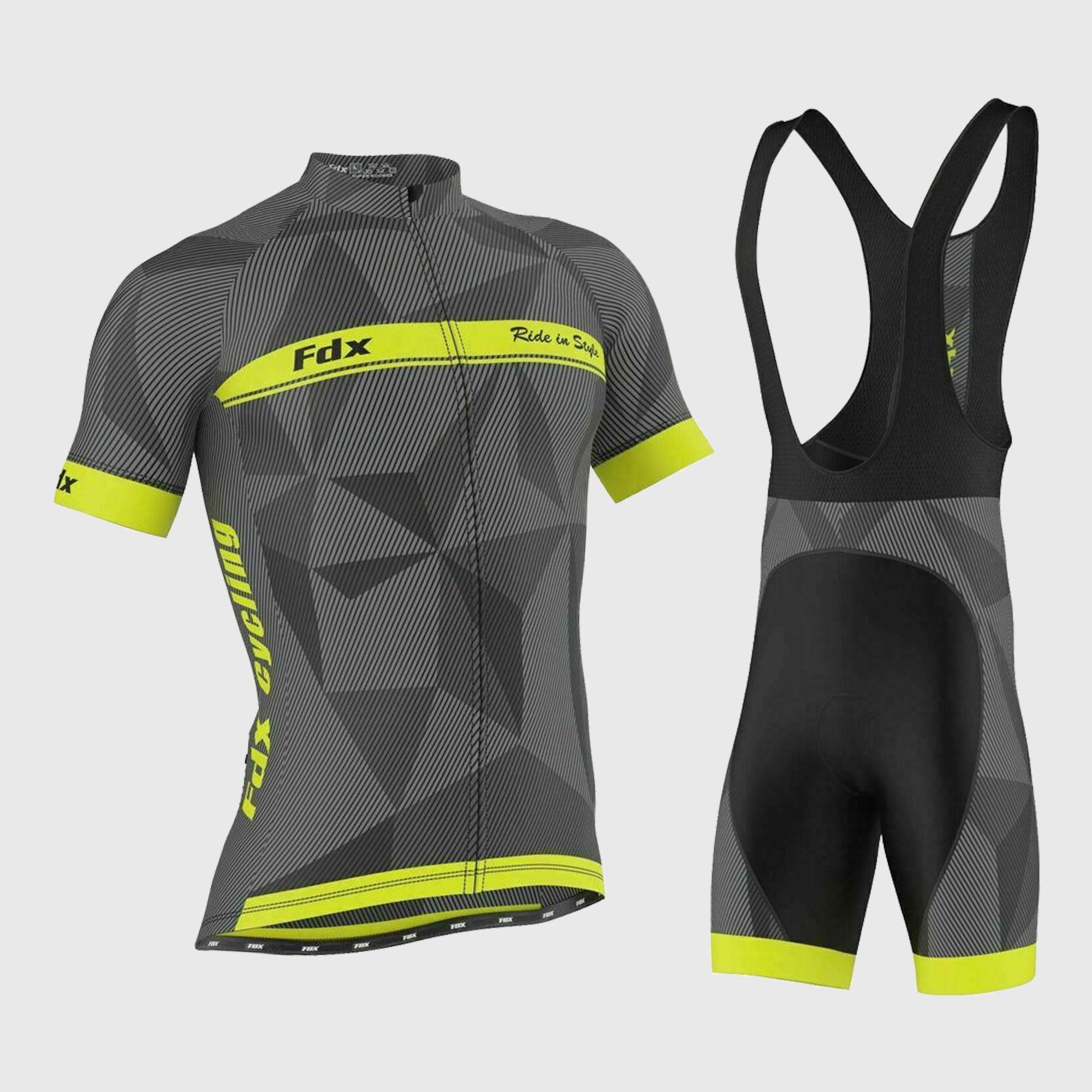 Fdx Men's Set Splinter Yellow Summer Cycling Jersey & Padded Bib Shorts